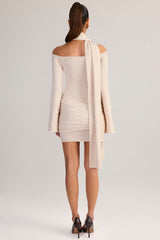 Knit Scarf-Detail Off-Shoulder Mini Dress in Cream