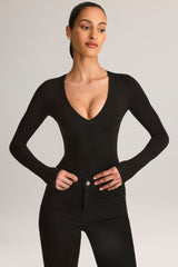 Modal Plunge Long-Sleeve Bodysuit in Black