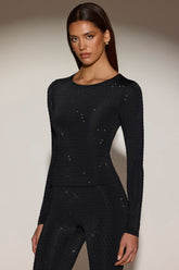 Embellished Crew-Neck Long-Sleeve Top in Black