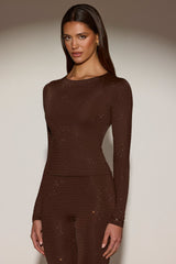 Embellished Crew-Neck Long-Sleeve Top in Chocolate Brown