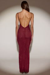 Sheer Embellished Backless Maxi Dress in Burgundy