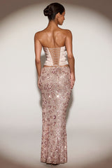 Embellished Mid-Rise Thigh-Split Maxi Skirt in Rose Gold