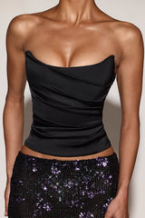 Satin Draped Lace-Up Corset Top in Black Purple