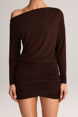 Modal Off-Shoulder Wrap Mini Dress in Chocolate Brown