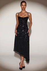 Embellished Soft-Scoop Asymmetric Midaxi Dress in Black
