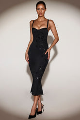 Embellished Peekaboo Fluted-Hem Midaxi Dress in Black