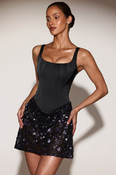 Satin Corset Embellished Skirt Mini Dress in Black Purple
