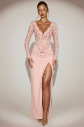 Lace Scalloped Plunge-Neck Maxi Dress in Pink