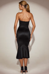 Satin Lace-Trim Bandeau Fluted Midaxi Dress in Black