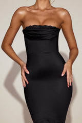 Satin Lace-Trim Bandeau Fluted Midaxi Dress in Black