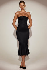 Satin Lace-Trim Bandeau Fluted Midaxi Dress in Black