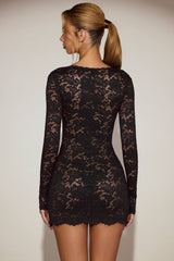 Sheer Scalloped-Lace Long-Sleeve Mini Dress in Black