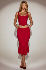 Lace Mid-Rise Fluted Midi Skirt in True Red
