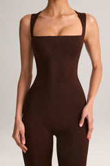 Modal Square-Neck Bodycon Capri Jumpsuit in Chocolate Brown