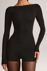 Modal Boat-Neck Long-Sleeve Mini Playsuit in Black