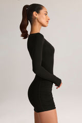 Modal Boat-Neck Draped Long-Sleeve Mini Dress in Black