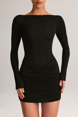 Modal Boat-Neck Draped Long-Sleeve Mini Dress in Black