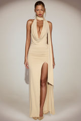 Stretch-Jersey Plunge Halterneck Maxi Dress in Champagne