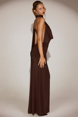 Stretch-Jersey Plunge Halterneck Maxi Dress in Chocolate Brown