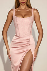 Lace Soft-Scoop Corset Satin Midaxi Dress in Pink