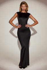 Satin Boat-Neck Twist-Back Maxi Dress in Black