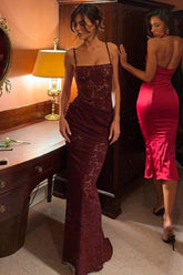 Sheer Lace Square-Neck Ruched Gown in Wine Red
