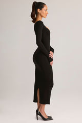 Modal Peekaboo Long-Sleeve Midi Dress in Black