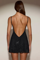 Embellished Soft-Scoop Backless Fitted Mini Dress in Black