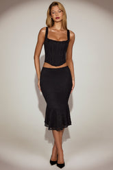 Lace Mid-Rise Fluted Midi Skirt in Black