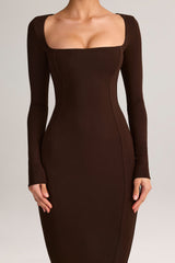 Modal Square-Neck Bodycon Maxi Dress in Chocolate Brown