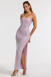 Embellished Square Neck Thigh Split Gown in Lilac