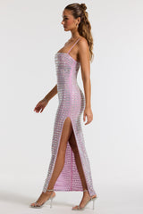 Embellished Square Neck Thigh Split Gown in Lilac