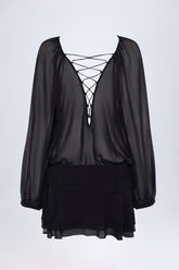 Lace-Up Balloon-Sleeve Mini Dress in Black