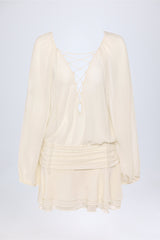 Lace-Up Balloon-Sleeve Mini Dress in Ivory