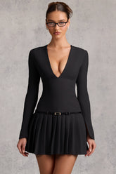 Long-Sleeve Pleated Mini Dress in Black