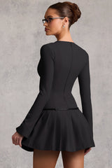 Long-Sleeve Pleated Mini Dress in Black
