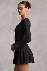 Long-Sleeve Pleated Mini Dress in Black