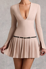 Long-Sleeve Pleated Mini Dress in Mushroom