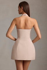 Pinstripe Halterneck Structured A-Line Mini Dress in Mushroom