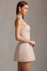 Pinstripe Halterneck Structured A-Line Mini Dress in Mushroom