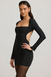 Pearl-Detail Cut-Out Mini Dress in Black