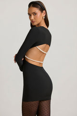 Pearl-Detail Cut-Out Mini Dress in Black