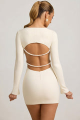 Pearl-Detail Cut-Out Mini Dress in Ivory
