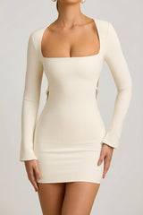 Pearl-Detail Cut-Out Mini Dress in Ivory