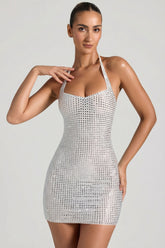 Embellished Halterneck Mini Dress in White