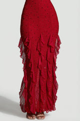 Embellished Halter Neck Ruffle Maxi Dress in Red