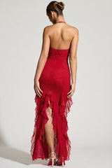 Embellished Halter Neck Ruffle Maxi Dress in Red