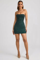 Embellished Strapless Cowl-Neck Mini Dress in Emerald Green