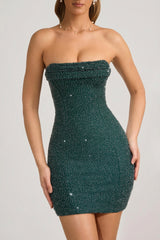 Embellished Strapless Cowl-Neck Mini Dress in Emerald Green