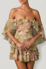 Off-Shoulder Ruffled Mini Dress in Floral Multi Print